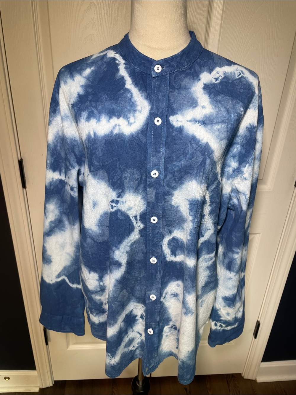 Indigo Blue Cloud Tie Dye Long Sleeve Band Collar Button Down Shirt Size XL